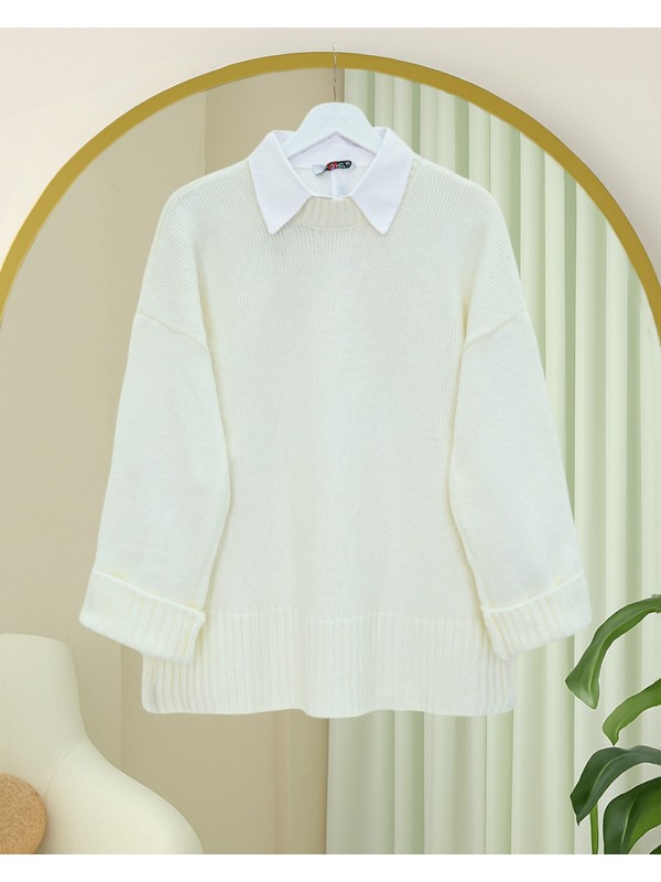 Bisiklet Yaka Eteği Fitilli Salaş Triko Kazak      -Beyaz