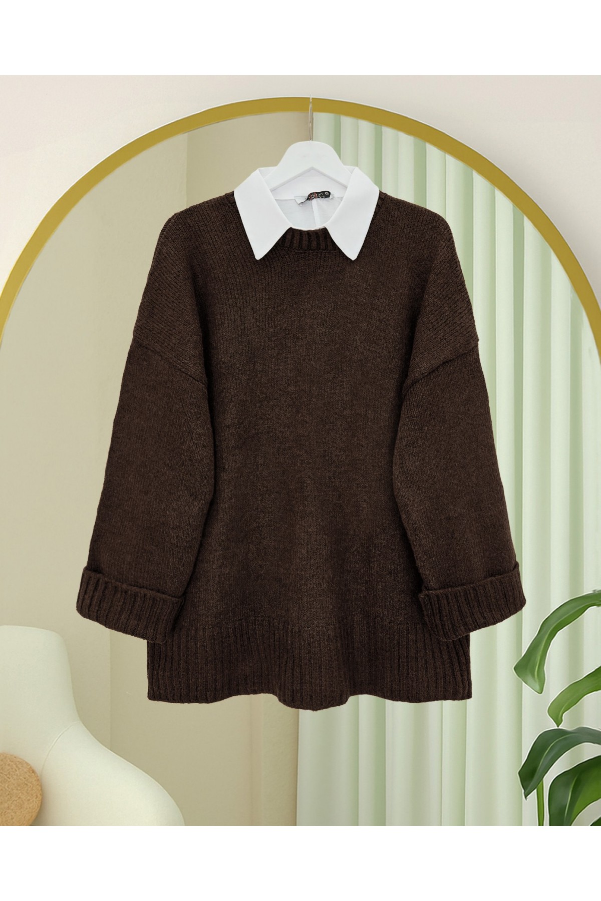 Bisiklet Yaka Eteği Fitilli Salaş Triko Kazak      -Kahve