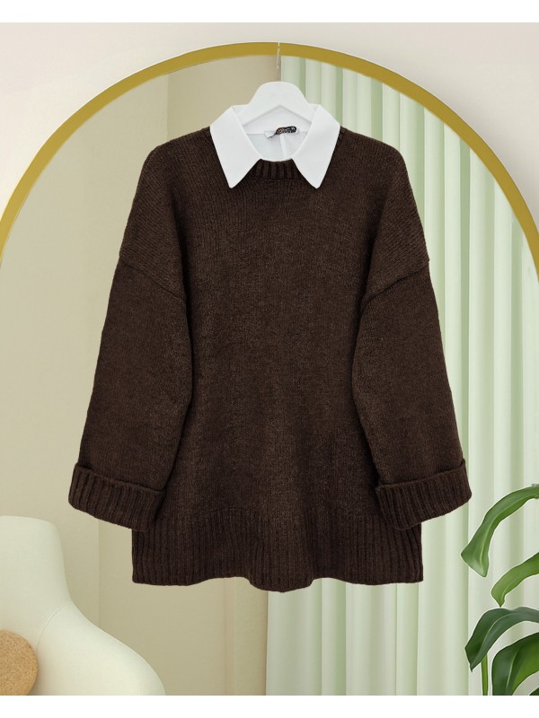 Bisiklet Yaka Eteği Fitilli Salaş Triko Kazak      -Kahve