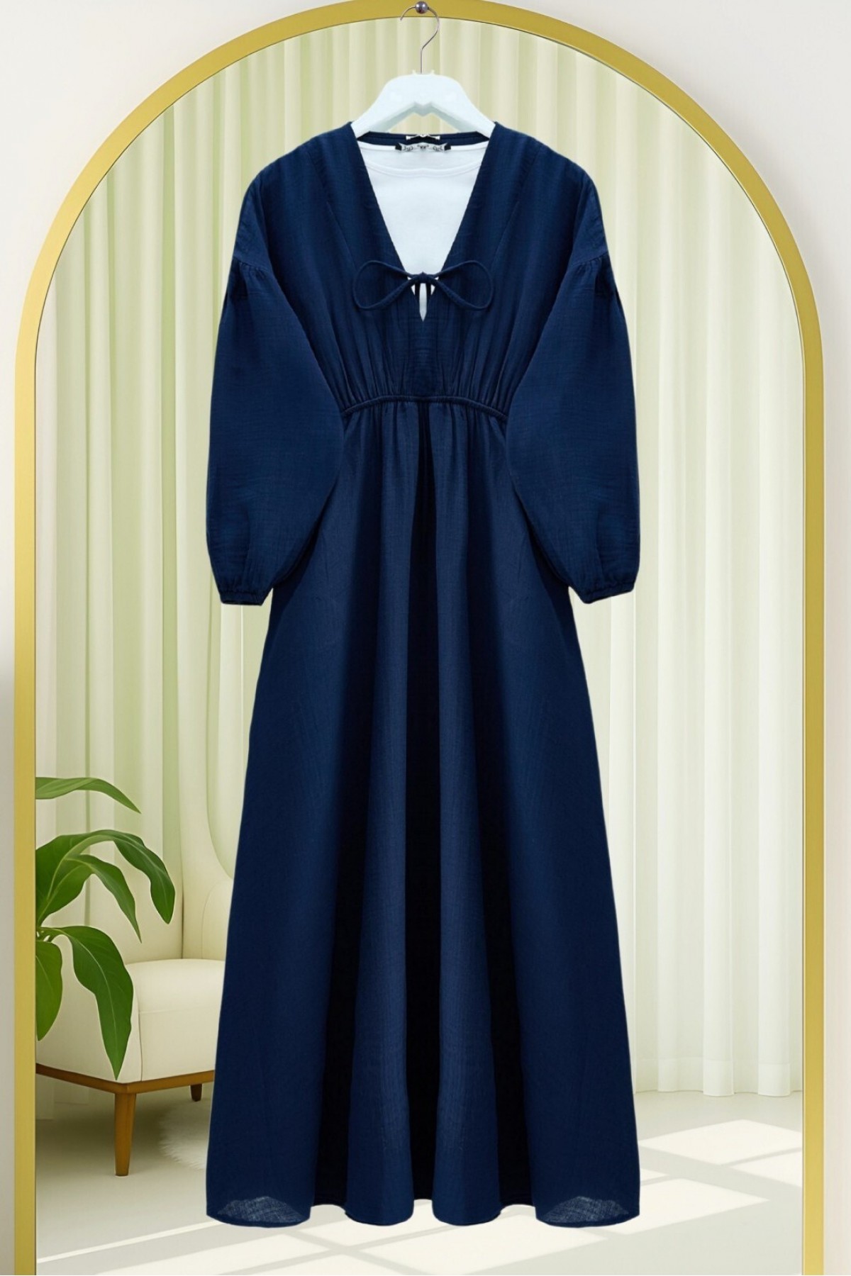 Yakası Bağlamalı Kolu Ve Beli Lastikli Müslin Elbise    -Laci