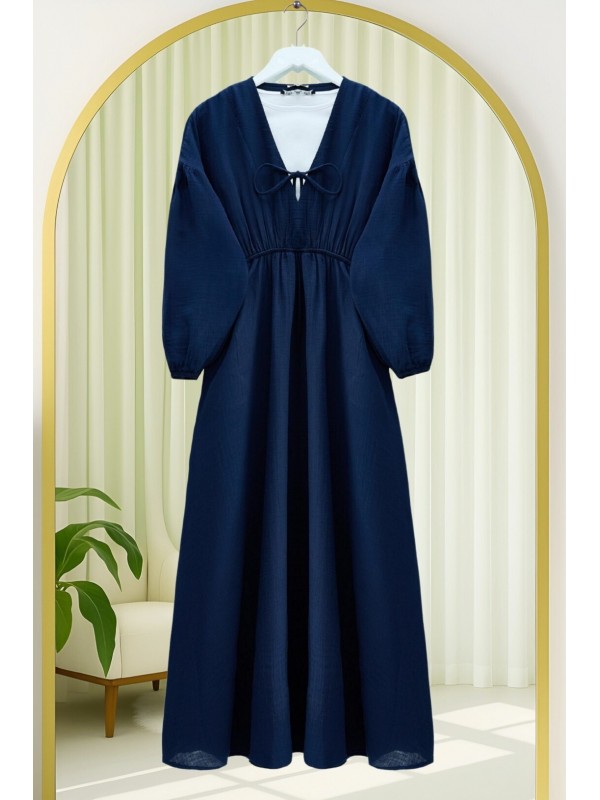 Yakası Bağlamalı Kolu Ve Beli Lastikli Müslin Elbise    -Laci