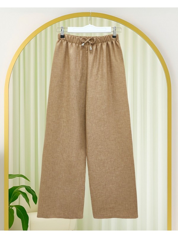 Beli Lastikli Bağcık Detaylı Bol Paça Sofya Keten Pantolon  -Tarçın