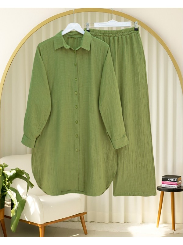 Düğmeli Uzun Pantolonlu Krinkıl Takım   -A.Yeşil