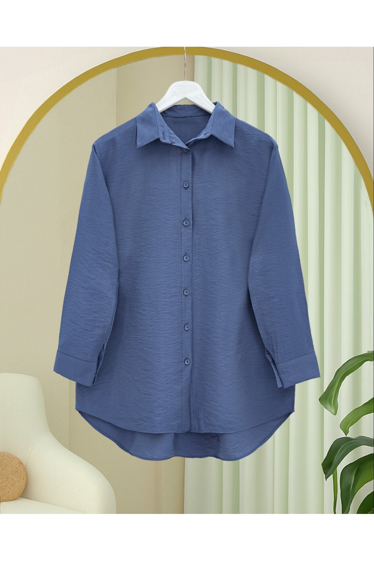 Arkası Uzun Düğmeli Poplin Gömlek -İndigo