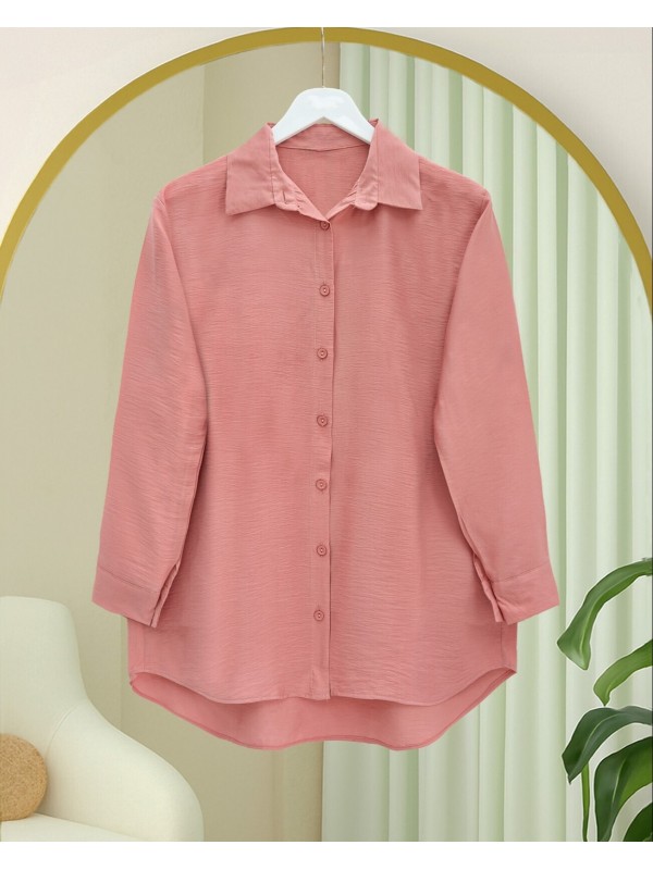 Arkası Uzun Düğmeli Poplin Gömlek -Yavruağzı