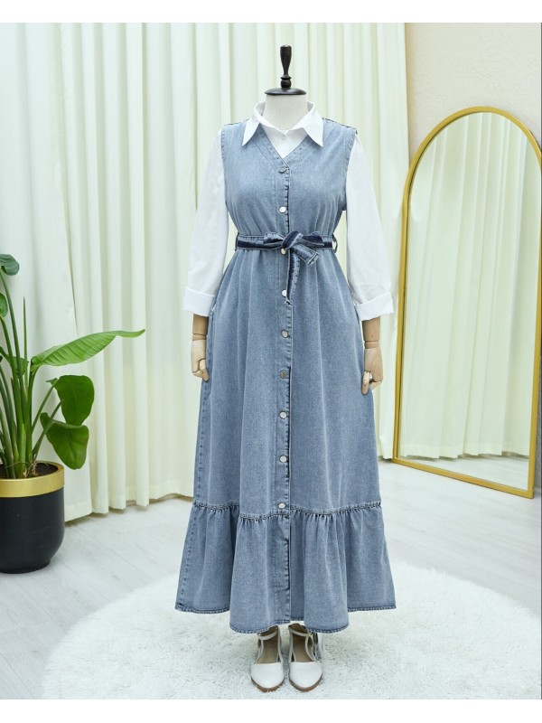 Beli Bağlamalı Önü Düğmeli Cepli Kot Jile   -Buz Mavi