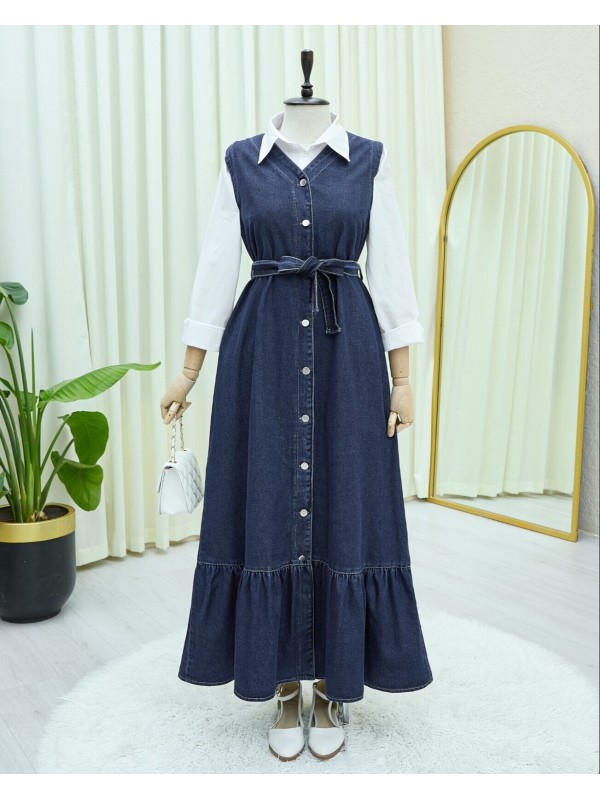 Beli Bağlamalı Önü Düğmeli Cepli Kot Jile   -Laci