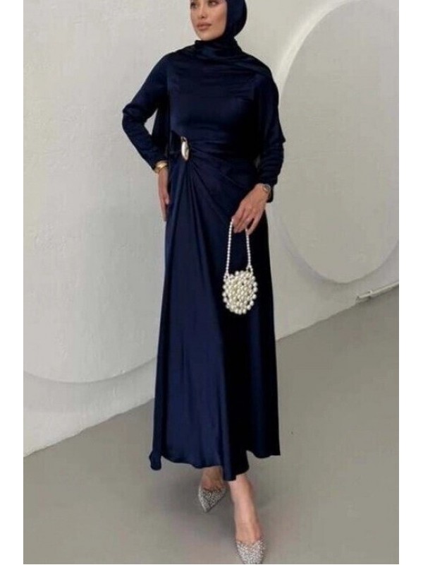 Beli Drapeli Düz Saten Elbise  -Laci