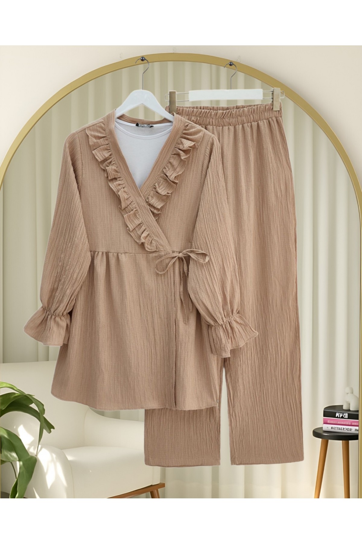 Kolu Lastikli Önü Fırfırlı Bağcıklı Krinkıl Kimono Takım -Somon