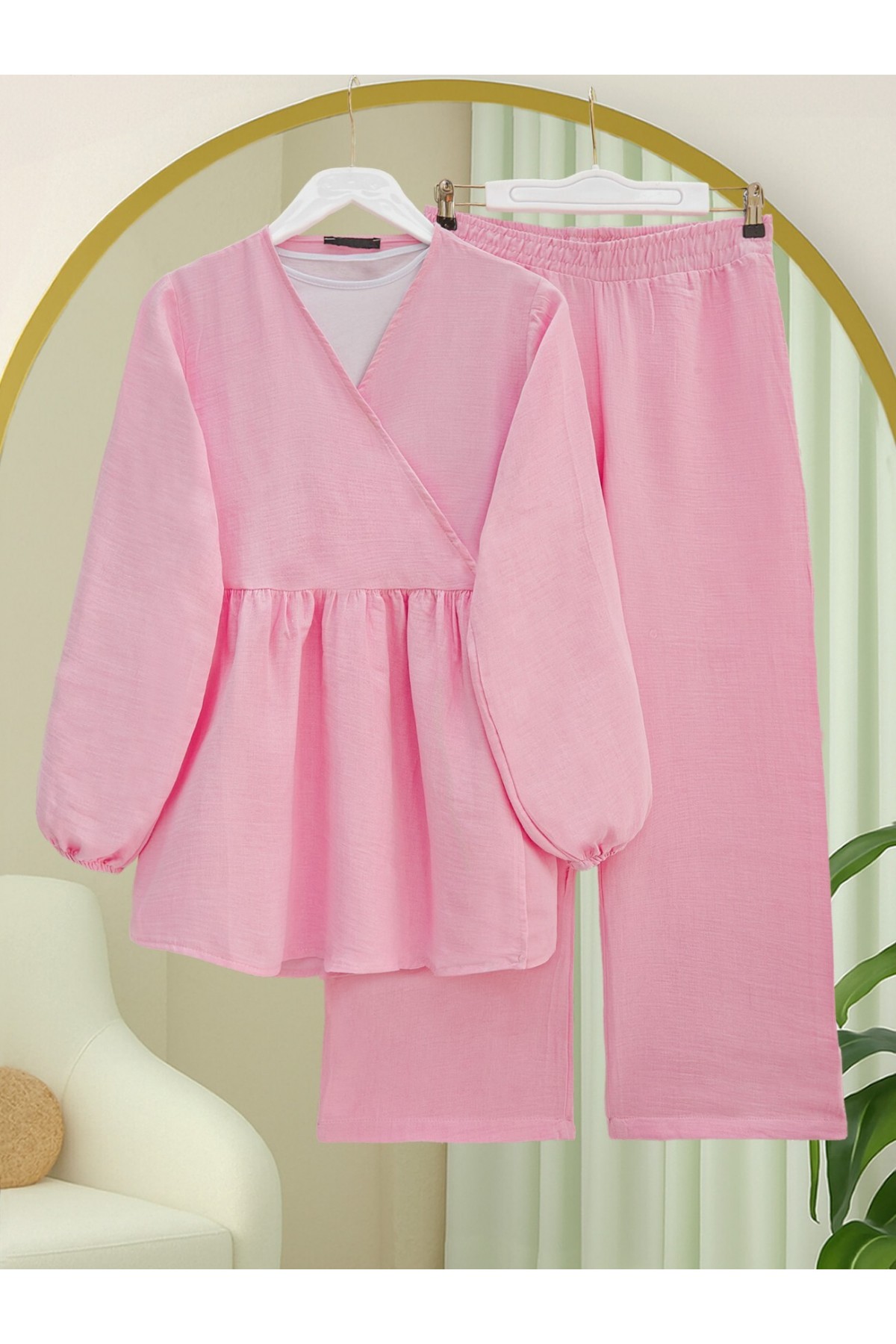 Kolu Lastikli İp Bağcıklı Müslin Takım  -Pudra