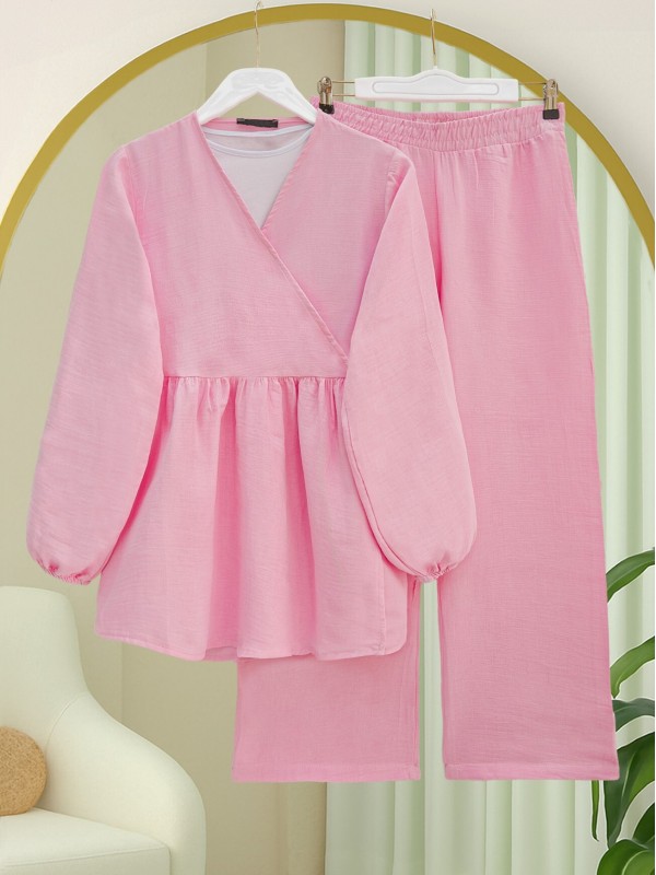 Kolu Lastikli İp Bağcıklı Müslin Takım  -Pudra