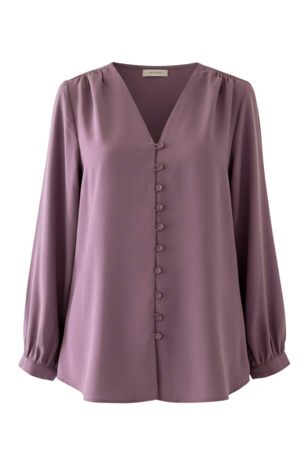 V Yaka Düğmeli Arkası Uzun Gömlek  -Vişne