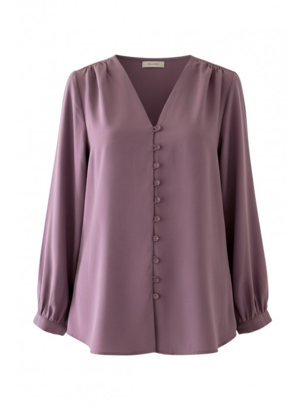 V Yaka Düğmeli Arkası Uzun Gömlek  -Vişne