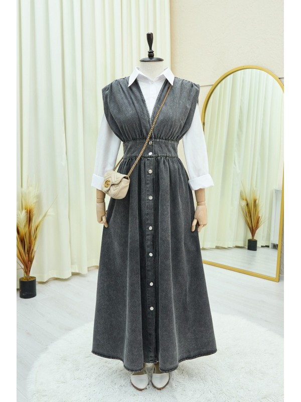 Boydan Düğmeli V Yaka Sıfır Kol Kot Jile  -Füme