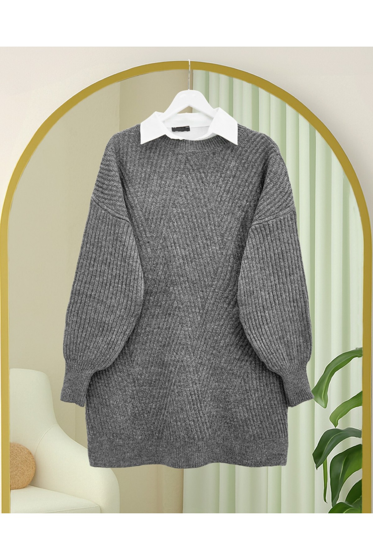 Bisiklet Yaka Baklava Desen Triko Kazak           -Füme