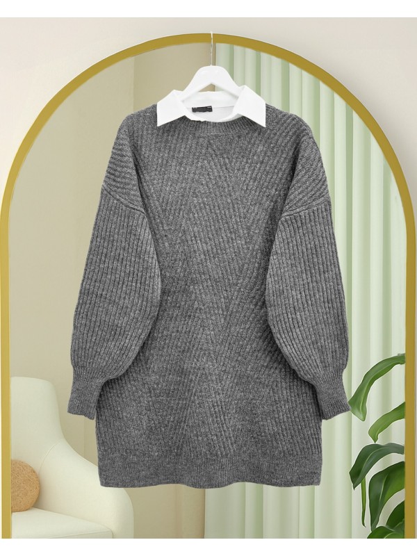 Bisiklet Yaka Baklava Desen Triko Kazak           -Füme