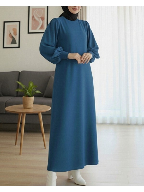 Yuvarlak Yaka Uzun Oysh Elbise -Petrol