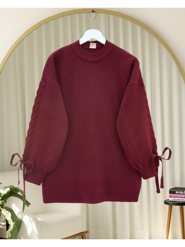 Yuvarlak Yaka Kolu Örgü Detaylı Triko Kazak -Bordo