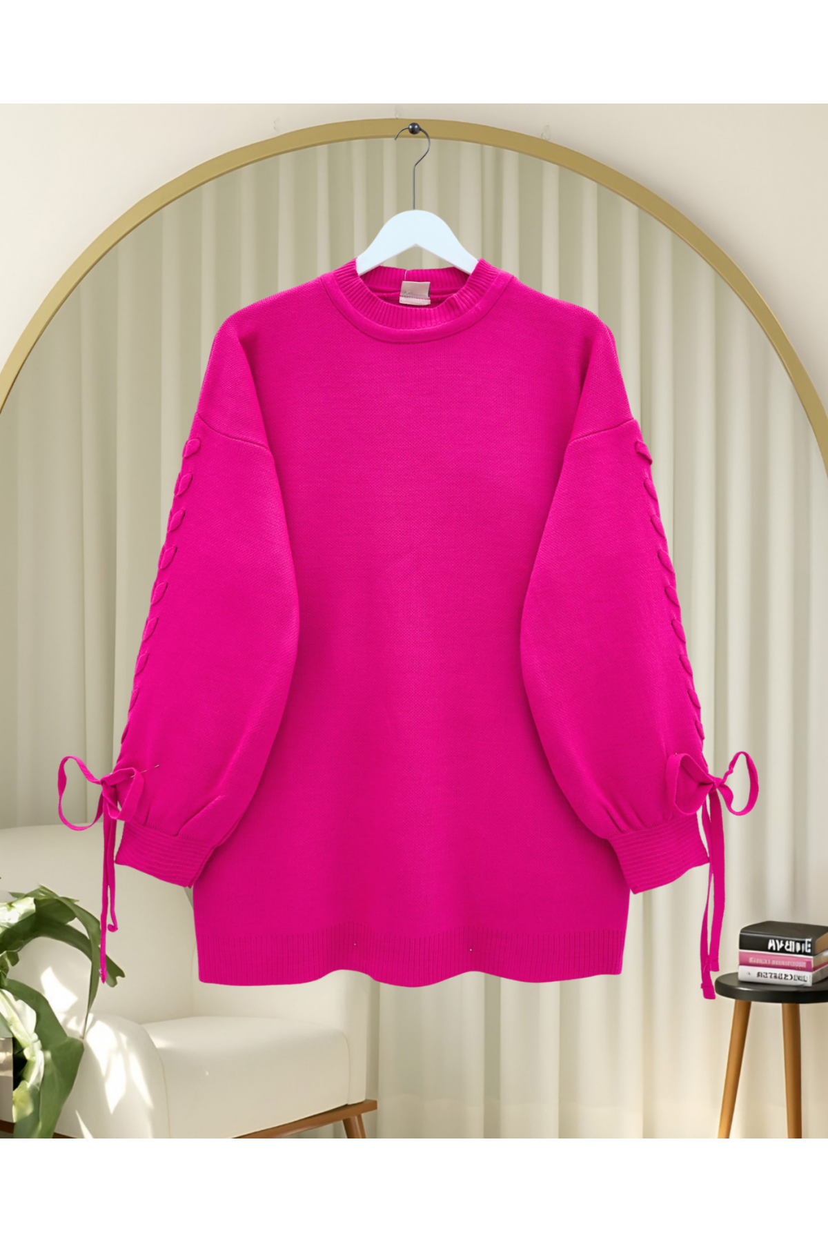 Yuvarlak Yaka Kolu Örgü Detaylı Triko Kazak -Fuşya
