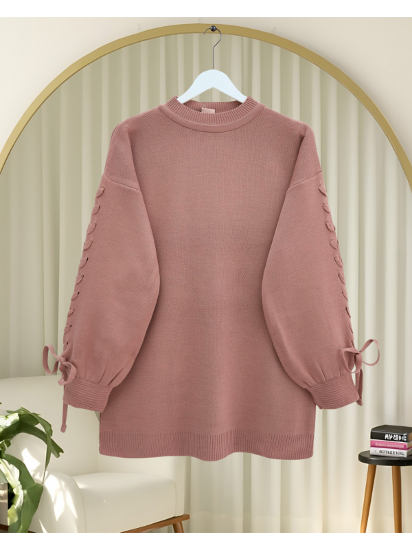 Yuvarlak Yaka Kolu Örgü Detaylı Triko Kazak -G.Kurusu