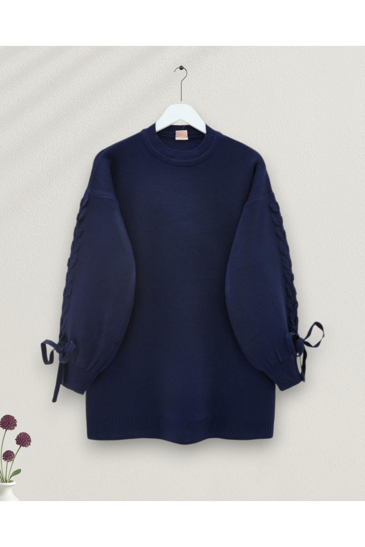 Yuvarlak Yaka Kolu Örgü Detaylı Triko Kazak -Laci