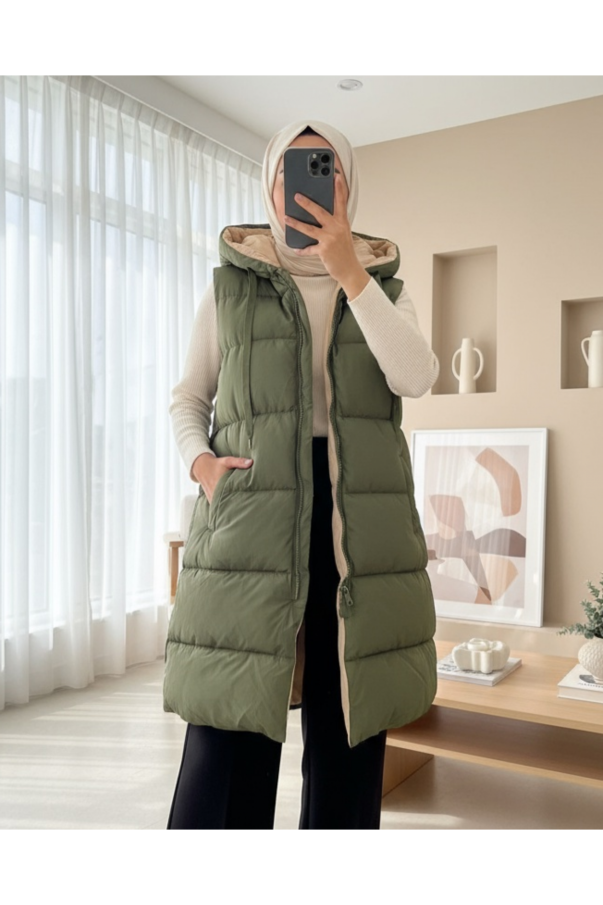 Kapşonlu Çift Taraflı Şişme Yelek   -Haki