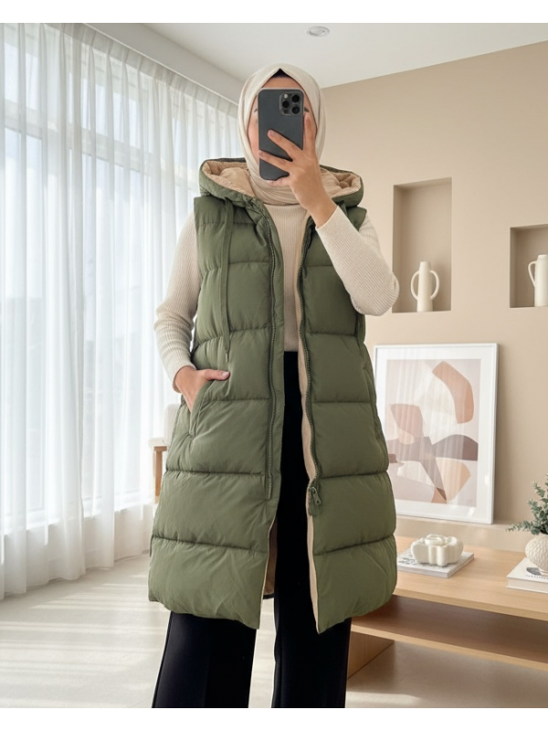 Kapşonlu Çift Taraflı Şişme Yelek   -Haki