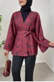 Dijital Baskılı Beli Kemerli Kapitone Kimono -Kırmızı