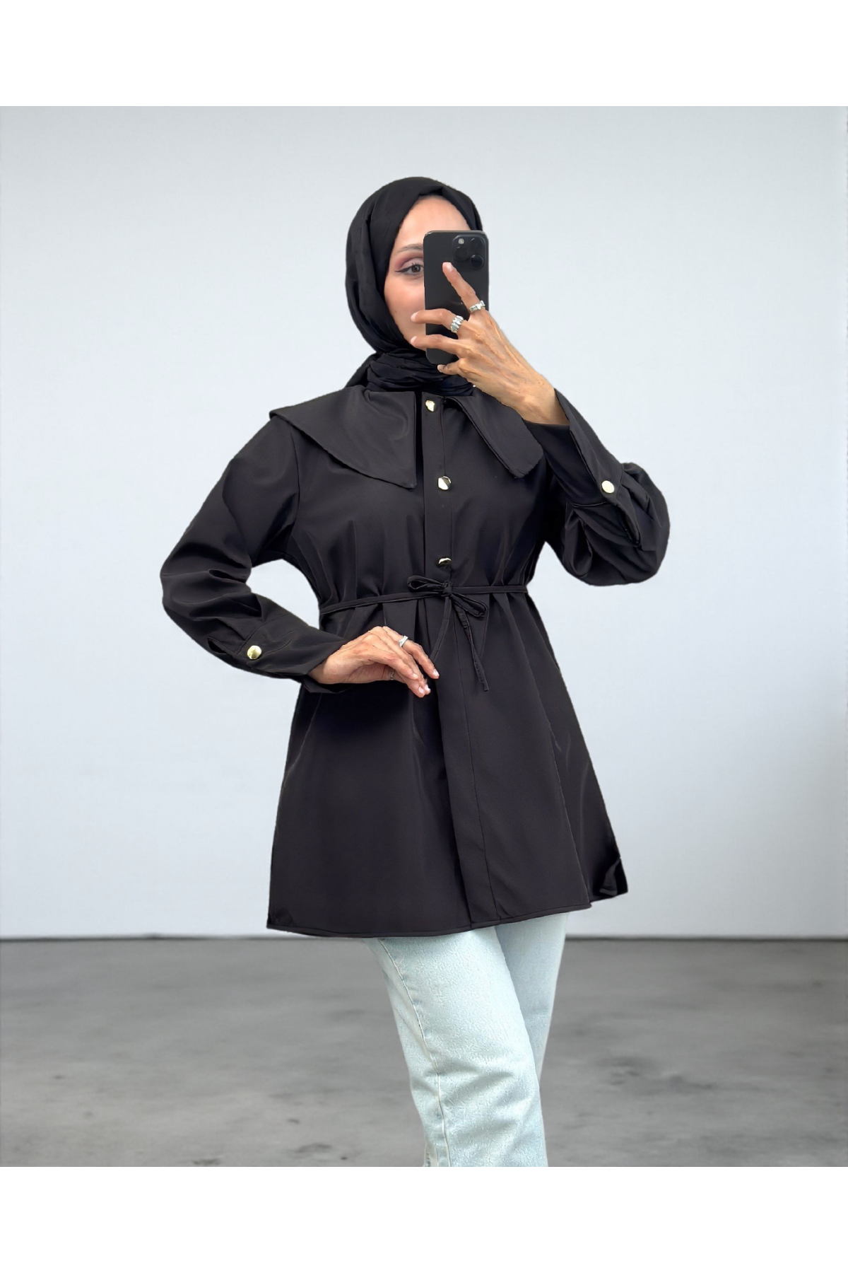 Geniş Yakalı Beli Bağlamalı Bonding Kap -Siyah
