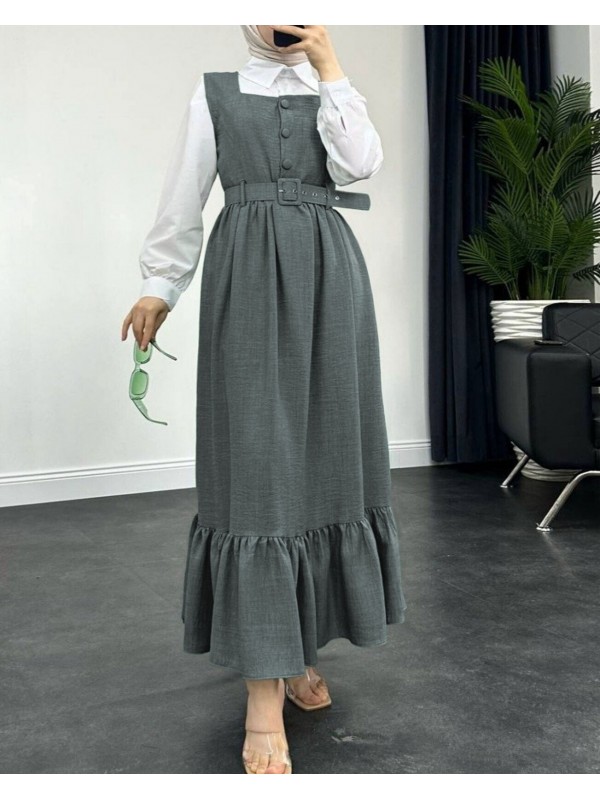 Top Düğmeli Altı Fırfırlı Beli Kemerli  Jile Elbise  -Füme