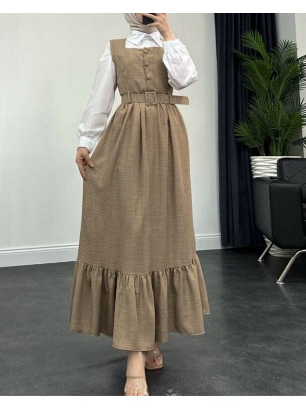 Top Düğmeli Altı Fırfırlı Beli Kemerli  Jile Elbise  -Vizon