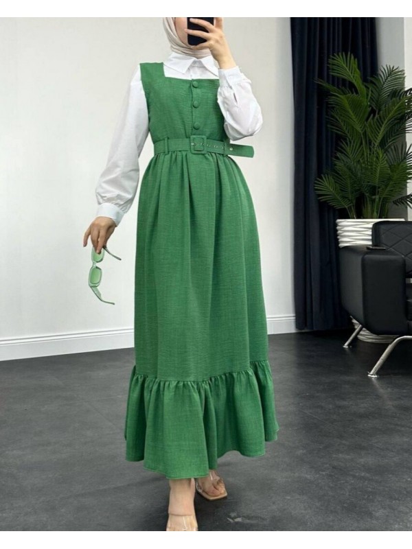 Top Düğmeli Altı Fırfırlı Beli Kemerli  Jile Elbise  -Yeşil