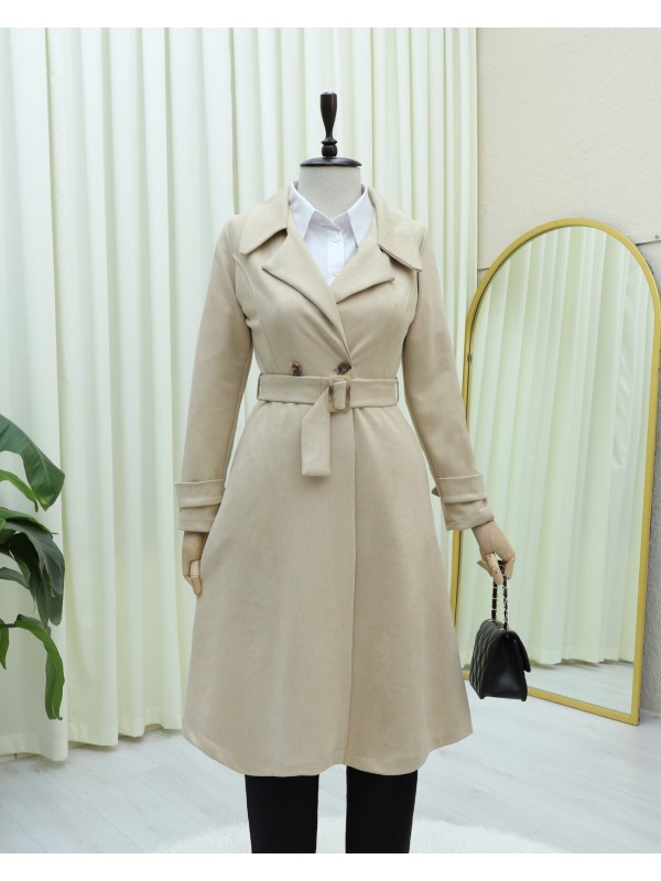 Beli Kemerli Cepli Süet Kap -Bej