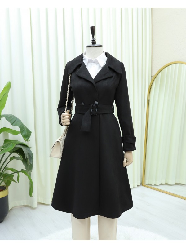 Beli Kemerli Cepli Süet Kap -Siyah