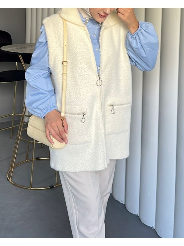 Önü Fermuarlı Torba Cepli Sakallı Yelek -Beyaz