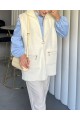Önü Fermuarlı Torba Cepli Sakallı Yelek -Beyaz