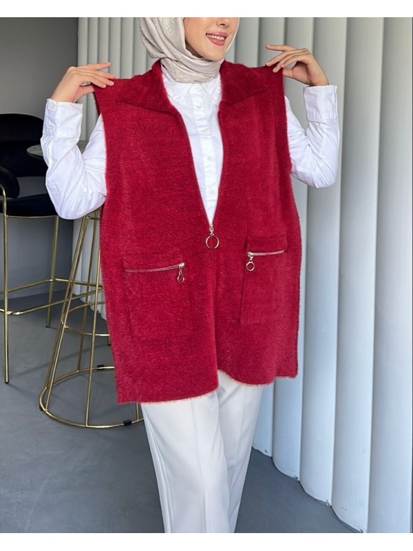 Önü Fermuarlı Torba Cepli Sakallı Yelek -Kırmızı