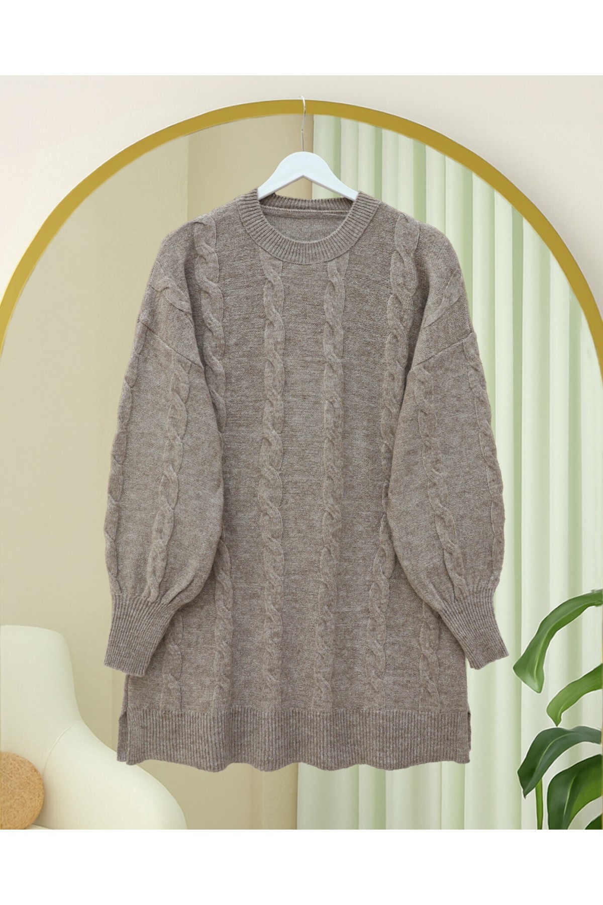 Saç Örgü Desen Yumoş Triko Kazak -Toprak