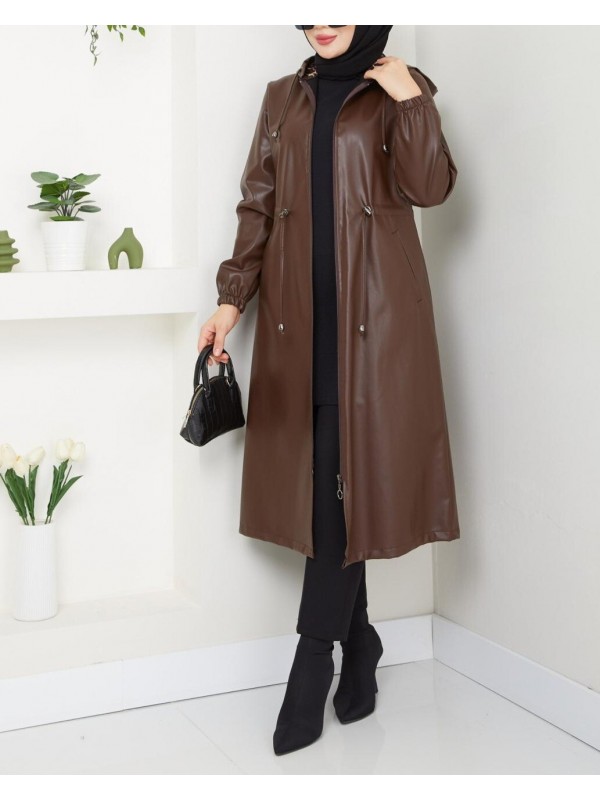 Kapşonlu Cepli Beli Bağcıklı Kolu Lastikli Deri Kap -Kahve