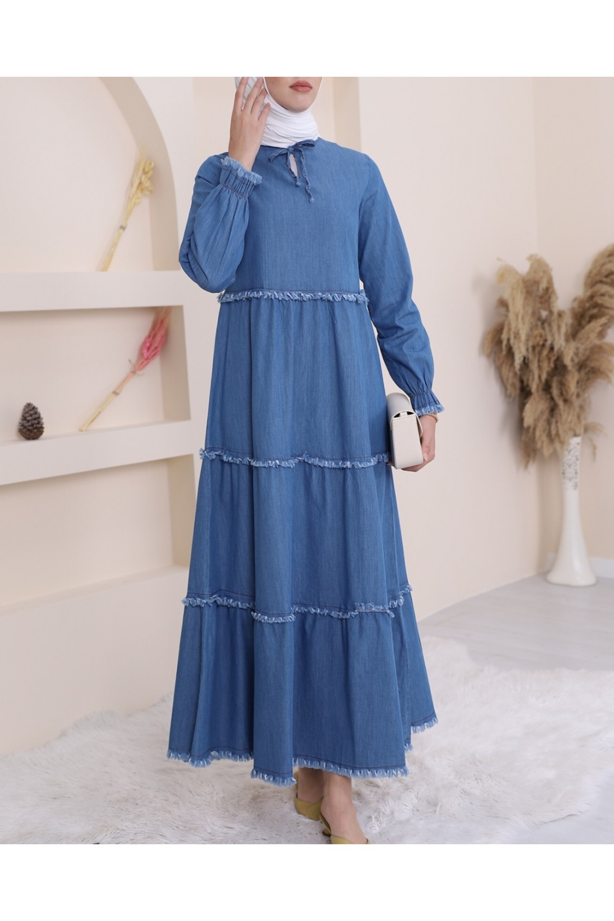 Üç Parça Yıkamalı Kot Elbise -Mavi