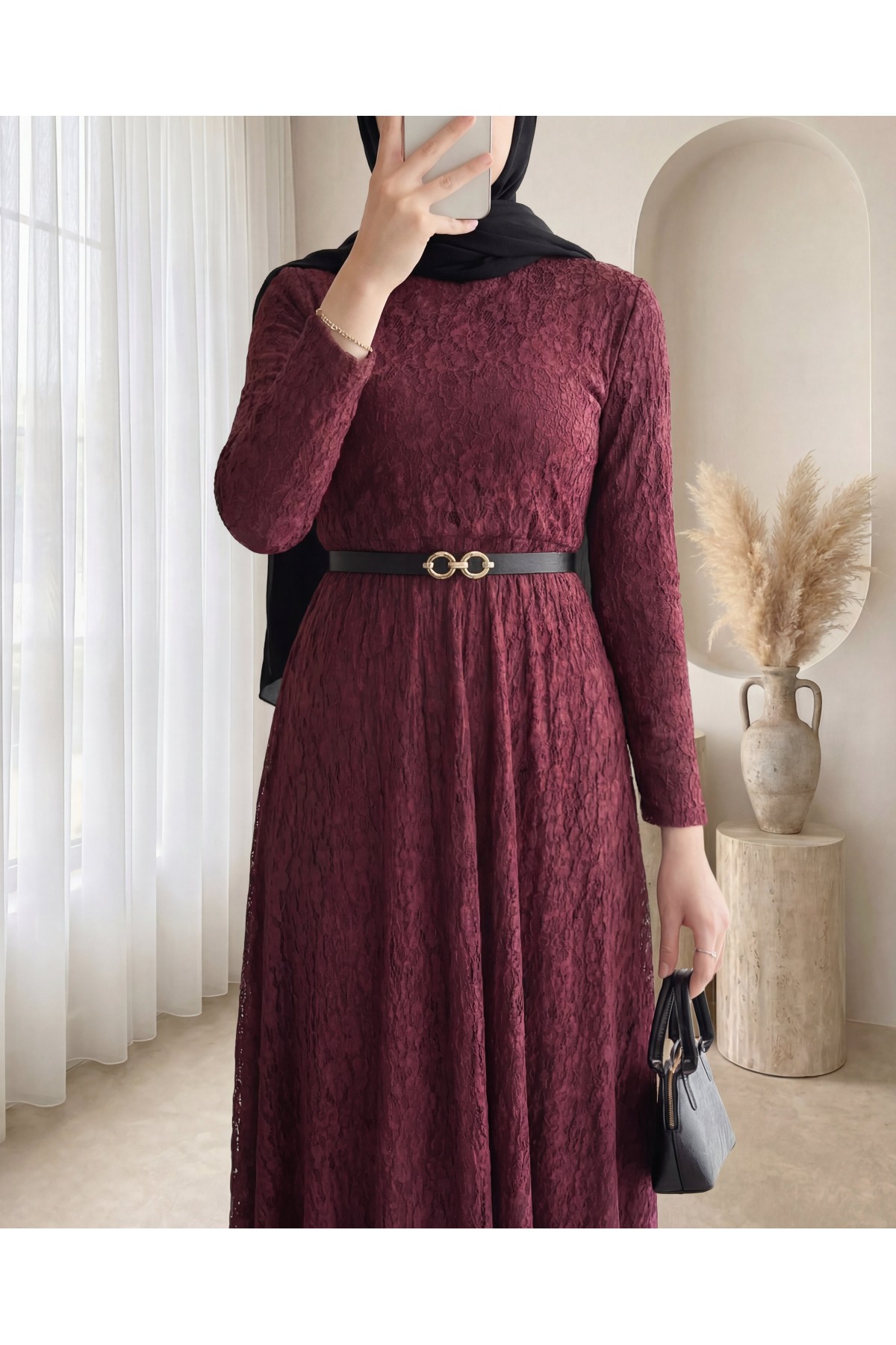 Kemerli Astarlı Güpür Dantel Elbise -Bordo