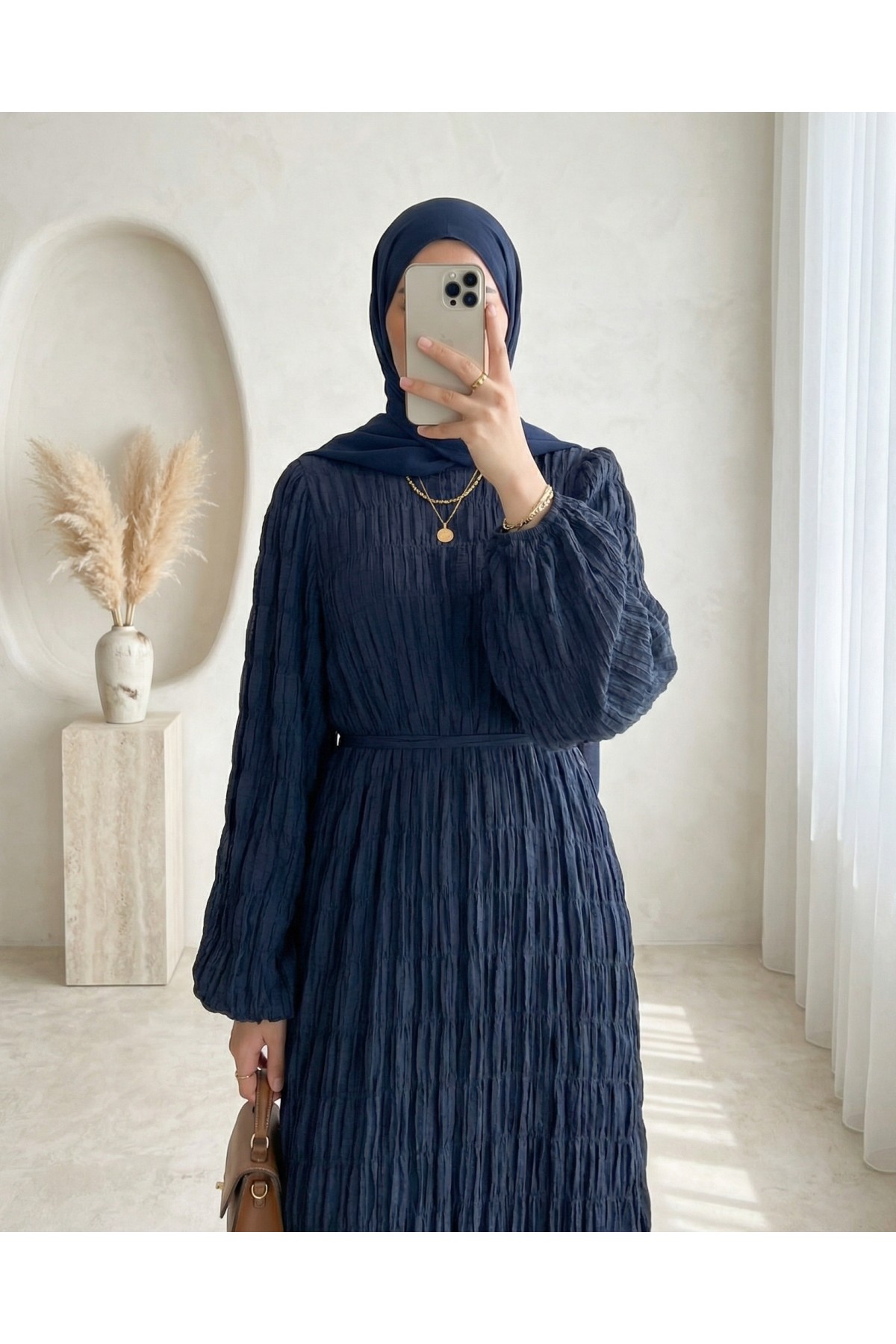 İçi Astarlı Kolu Lastikli Gipeli Modal Elbise -Laci