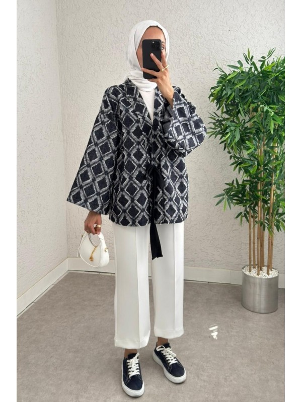 Beli Bağlamalı Kare Desen Saçaklı Kimono -K.Laci