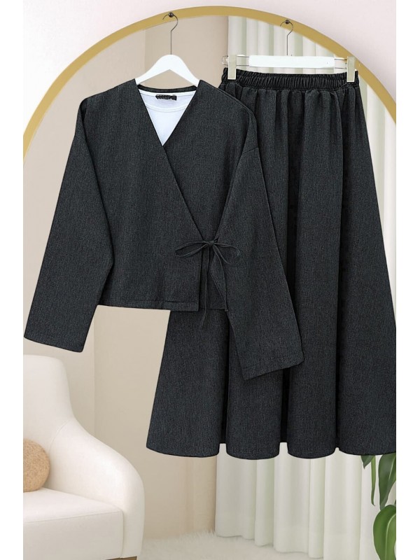 Önü Bağcıklı Etekli Yün Efekt Kışlık -Antrasit