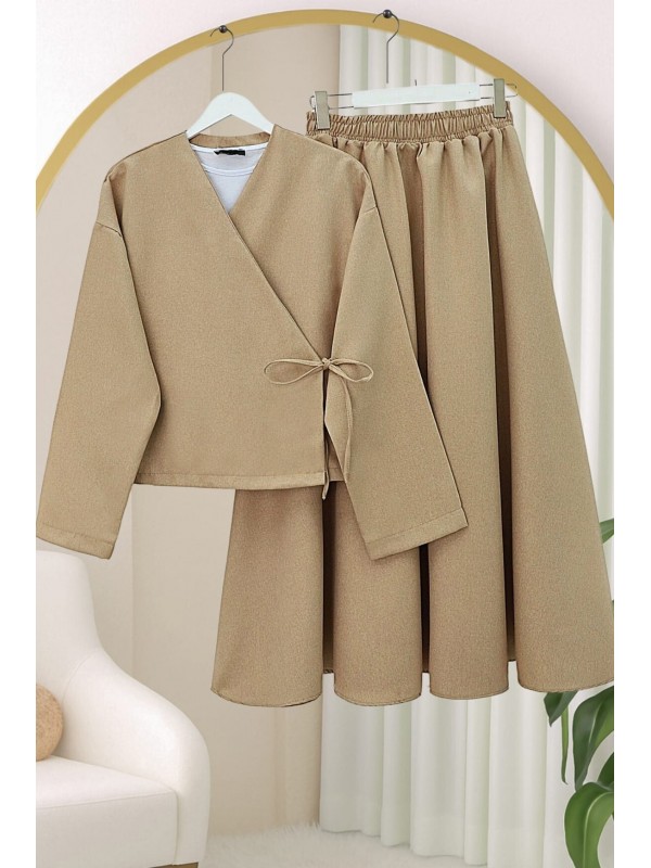 Önü Bağcıklı Etekli Yün Efekt Kışlık Takım -Vizon