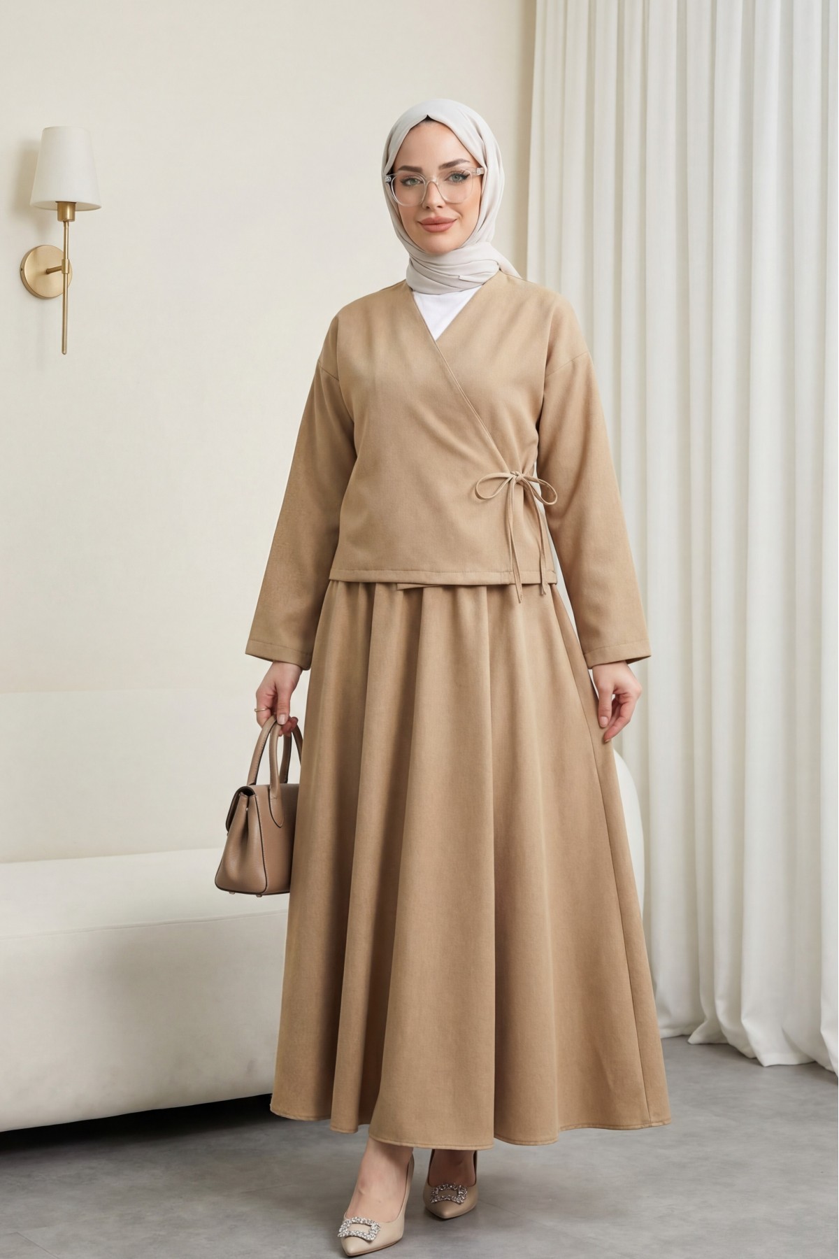 Önü Bağcıklı Etekli Yün Efekt Kışlık Takım -Vizon