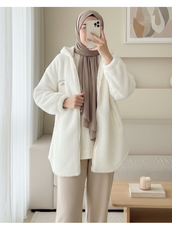 Kapşonlu Fermuarlı Kanguru Cepli Astarlı Peluş Mont -Ekru