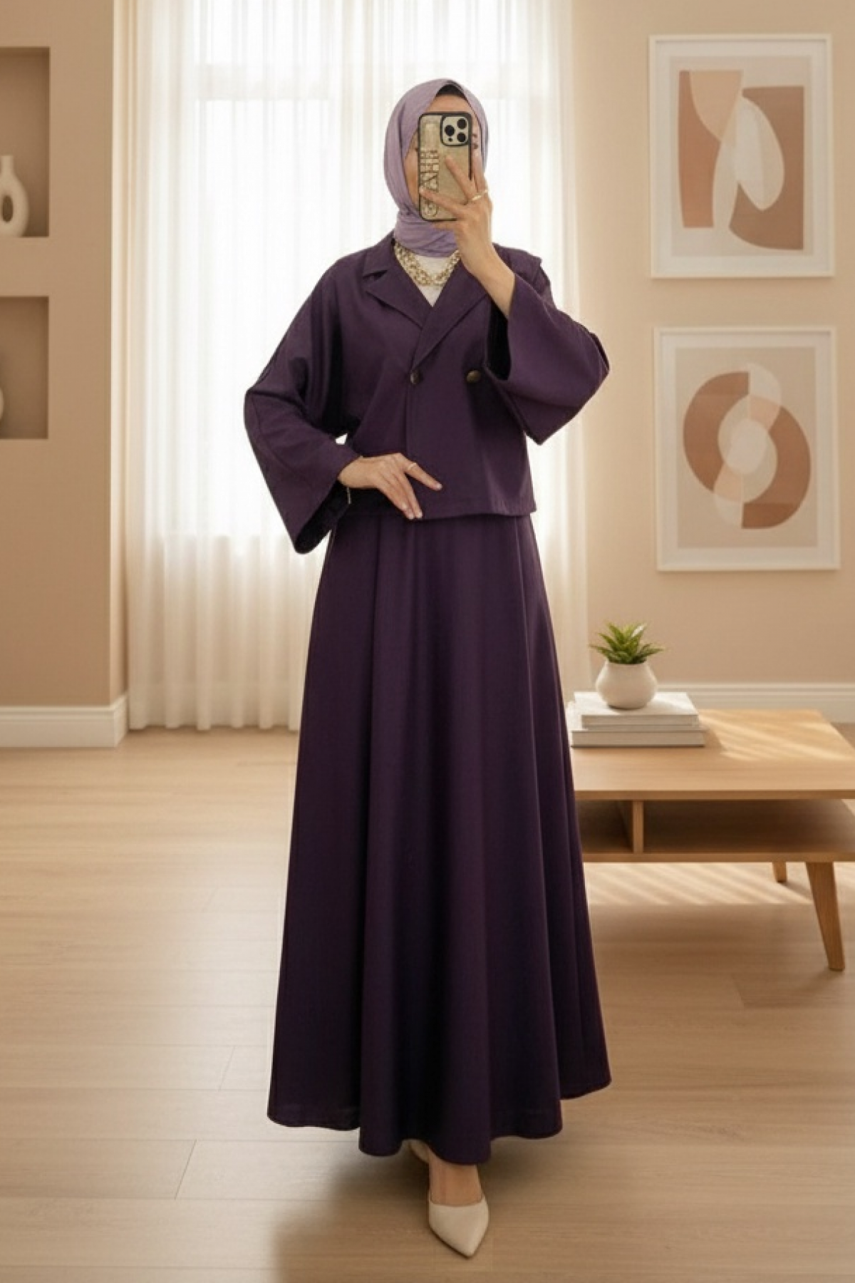 Tek Düğmeli Etekli Keçe Takım -Mor