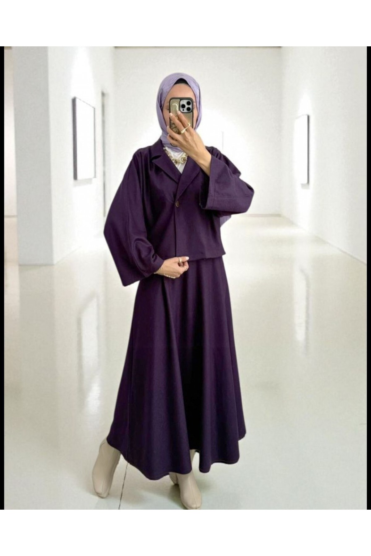 Tek Düğmeli Etekli Keçe Takım -Mor
