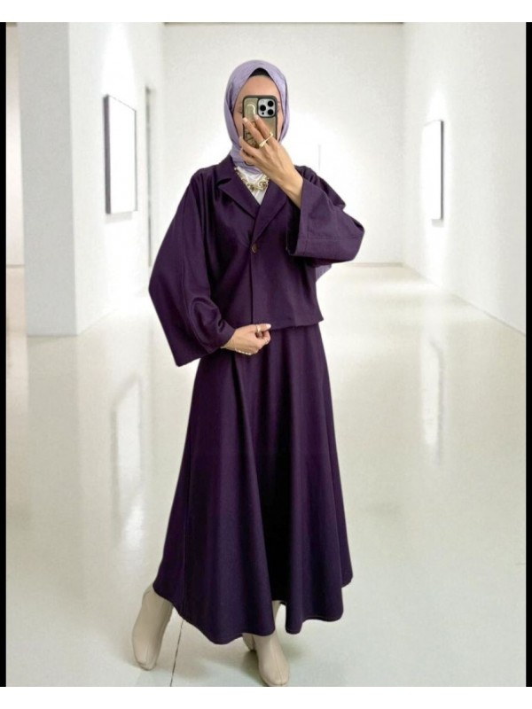 Tek Düğmeli Etekli Keçe Takım -Mor